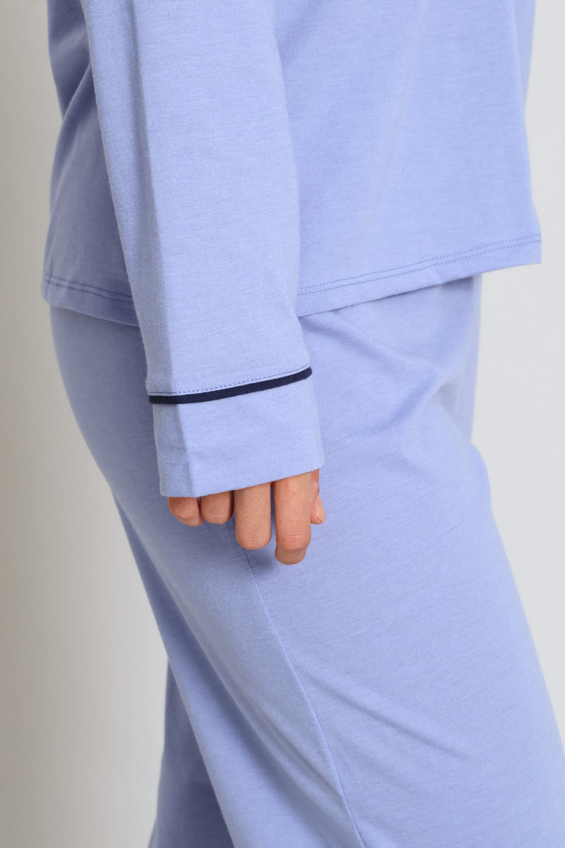 Piping Detail Long Sleeve Button Through & Knit Pant Set - Blue