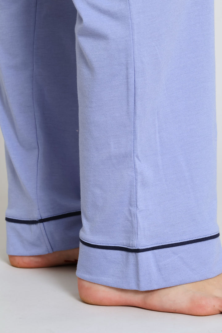 Piping Detail Long Sleeve Button Through & Knit Pant Set - Blue