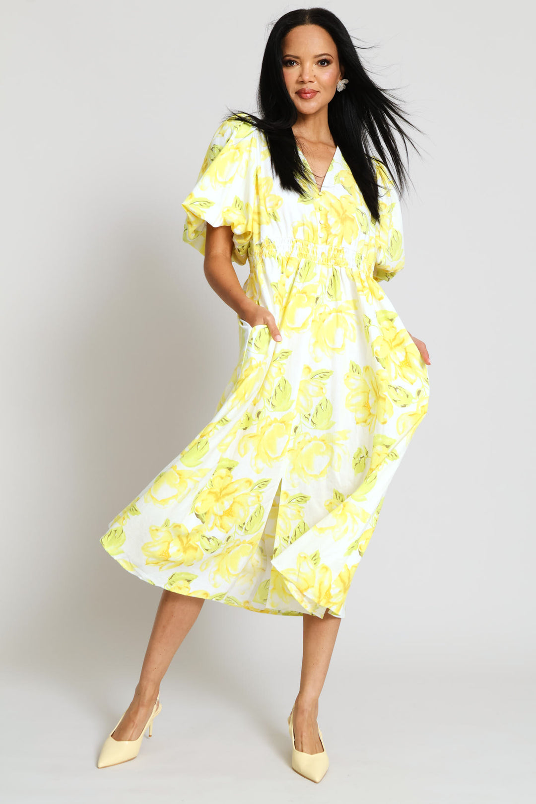 Bubble Sleeve V-Neck Pleated Waist Fit & Flare Midaxi Dress - Cream