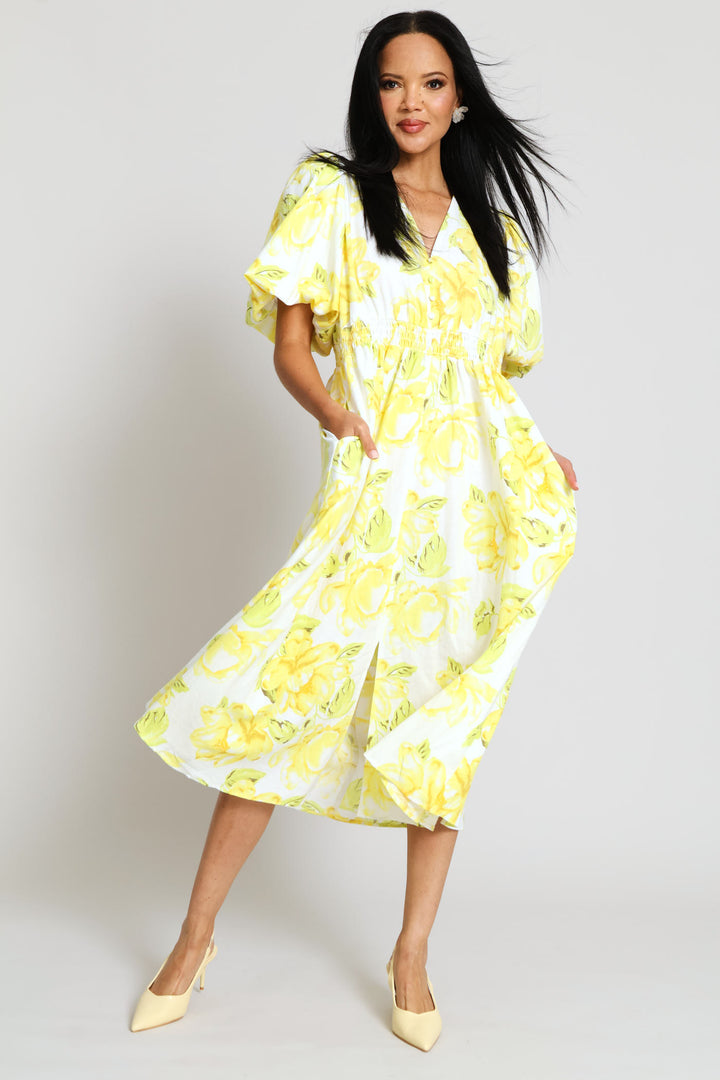Bubble Sleeve V-Neck Pleated Waist Fit & Flare Midaxi Dress - Cream
