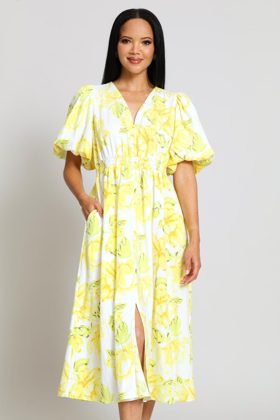 Bubble Sleeve V-Neck Pleated Waist Fit & Flare Midaxi Dress - Cream