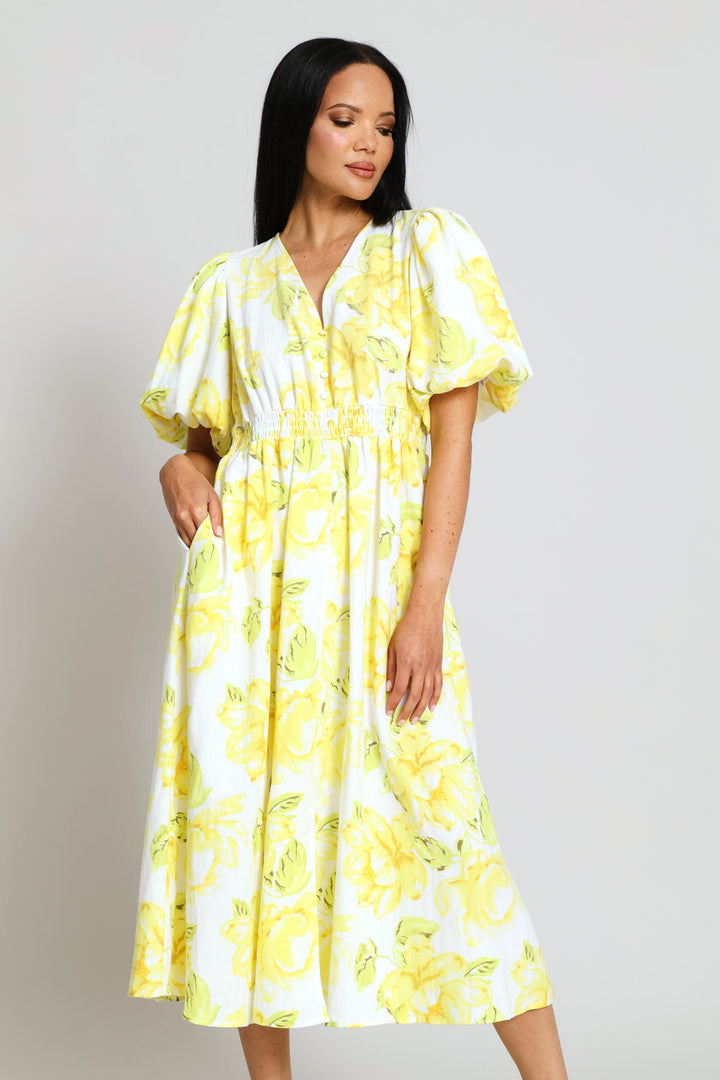 Bubble Sleeve V-Neck Pleated Waist Fit & Flare Midaxi Dress - Cream