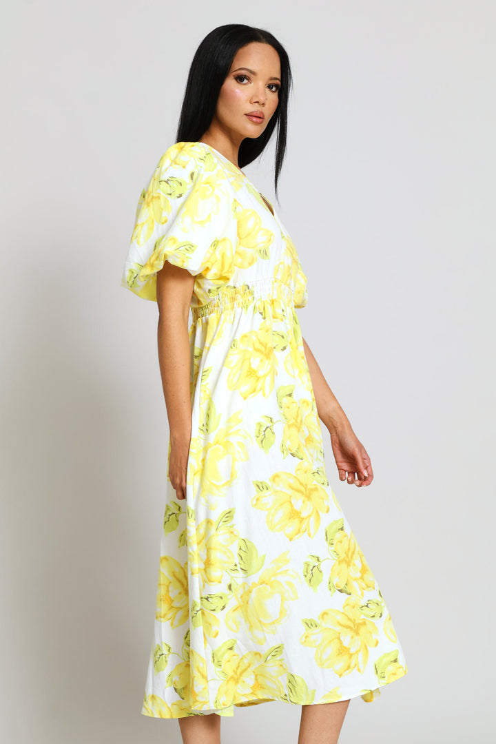 Bubble Sleeve V-Neck Pleated Waist Fit & Flare Midaxi Dress - Cream