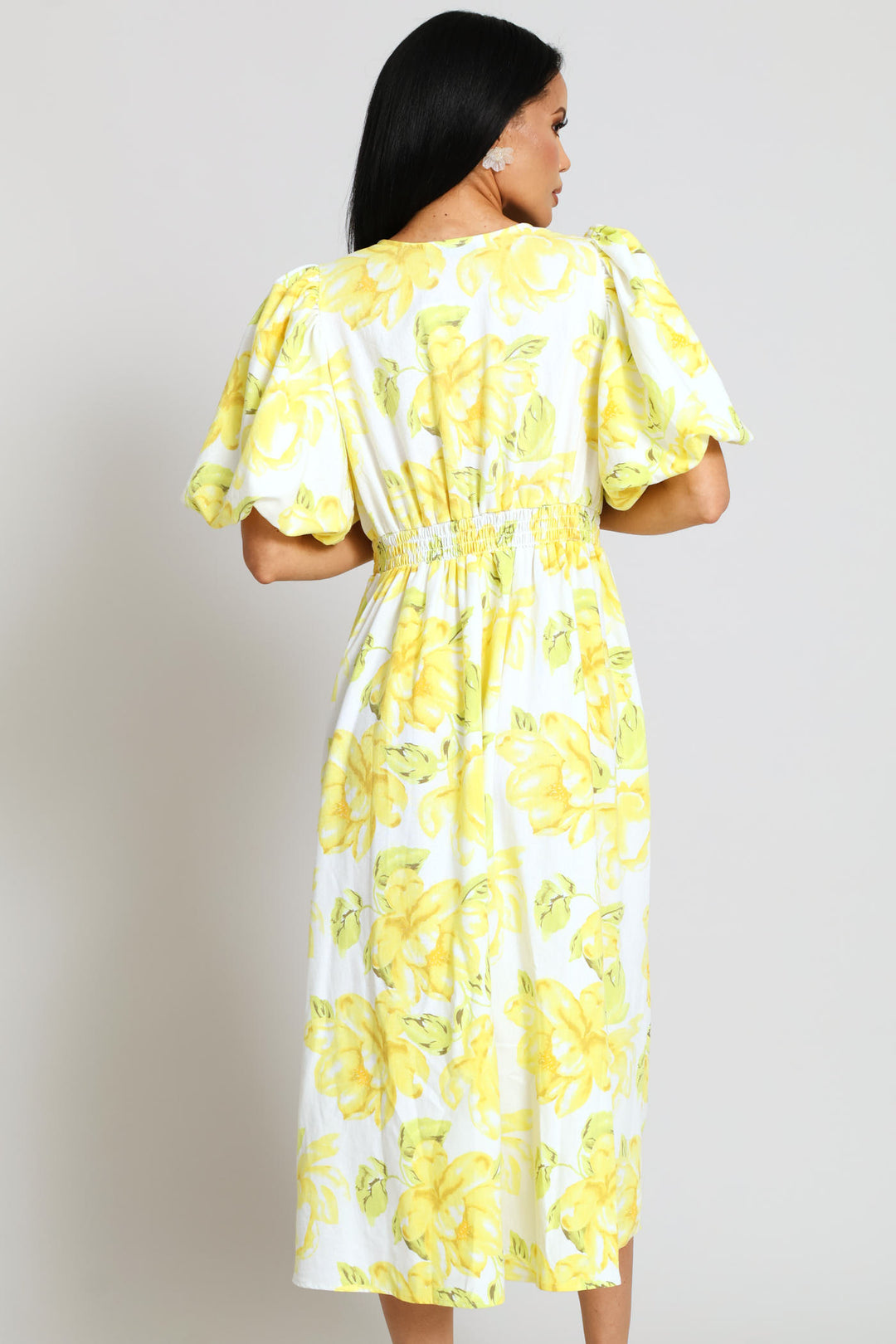 Bubble Sleeve V-Neck Pleated Waist Fit & Flare Midaxi Dress - Cream