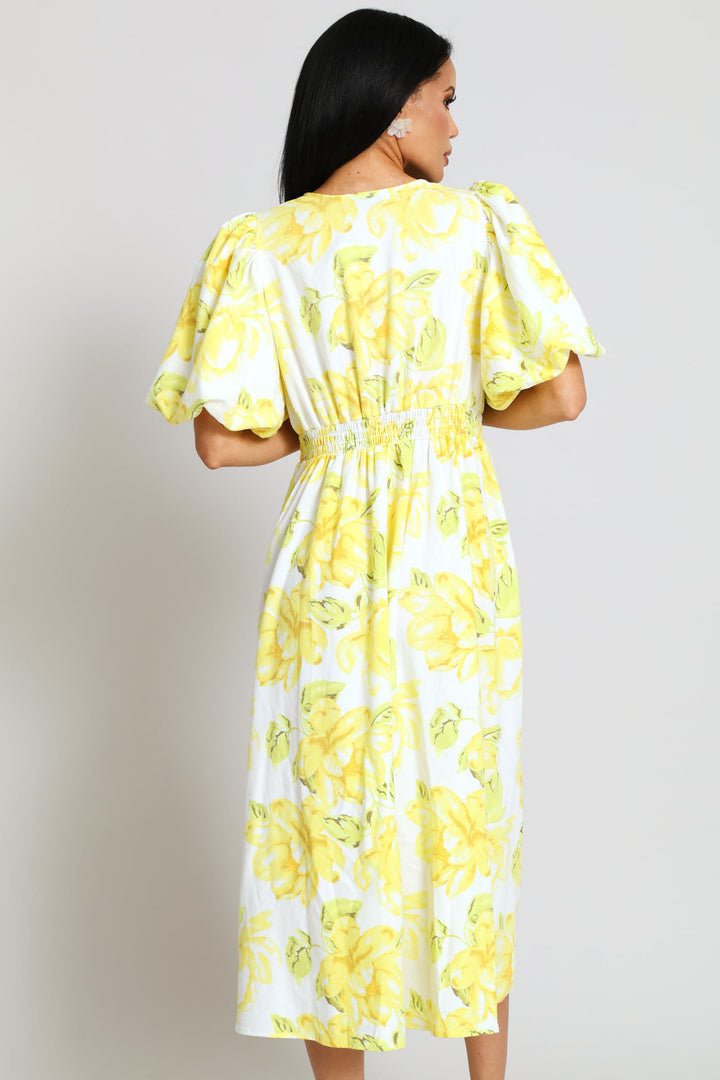 Bubble Sleeve V-Neck Pleated Waist Fit & Flare Midaxi Dress - Cream