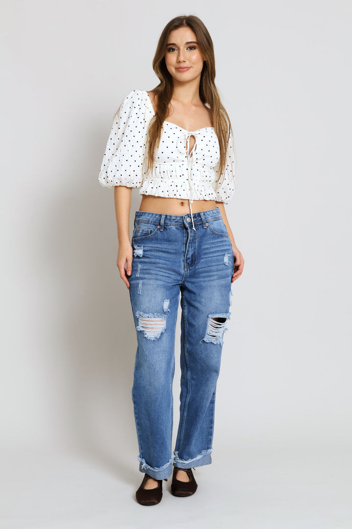 Polka Dot Tie Front Blouse - Cream