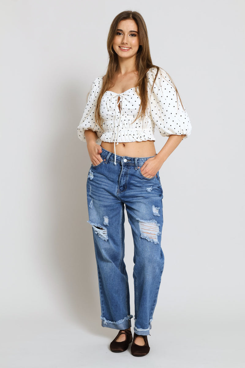 Ripped Knee Boyfriend Denim Jean - Mid Blue