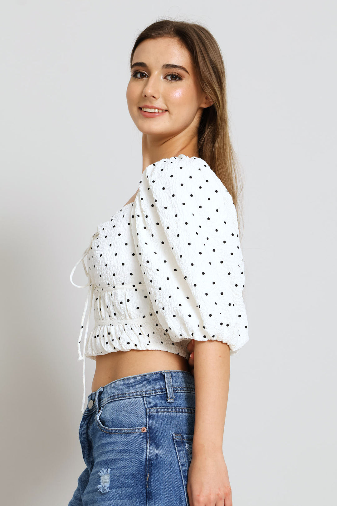 Polka Dot Tie Front Blouse - Cream
