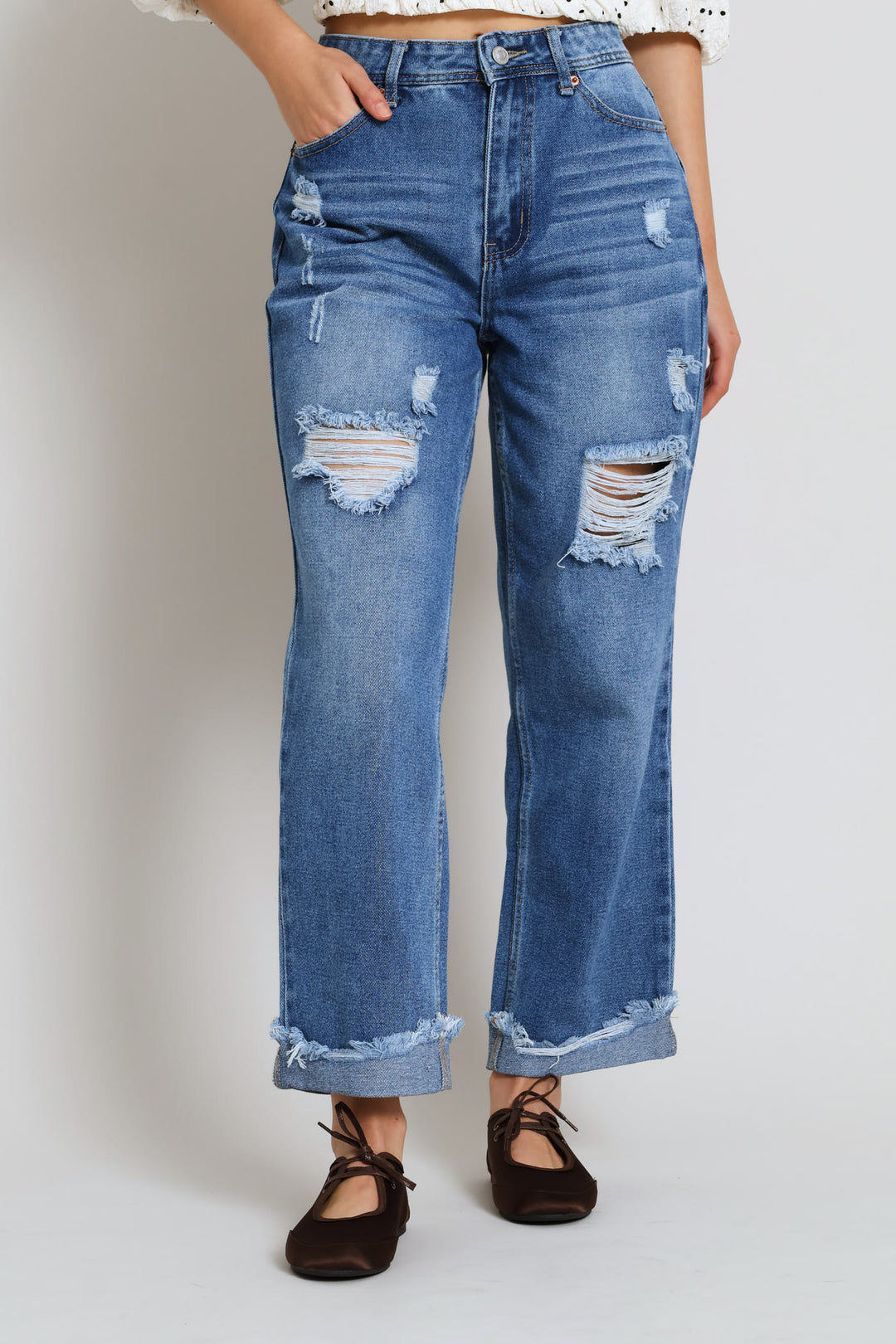 Ripped Knee Boyfriend Denim Jean - Mid Blue