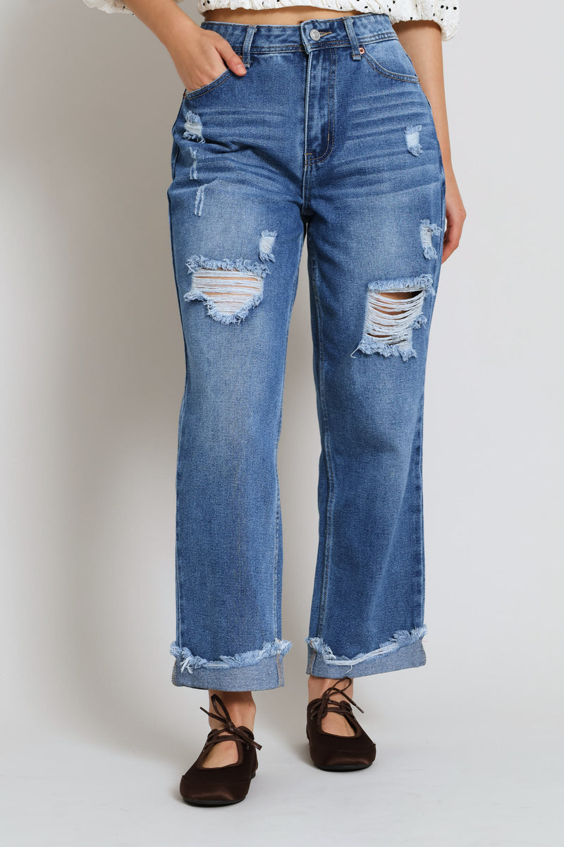 Ripped Knee Boyfriend Denim Jean - Mid Blue