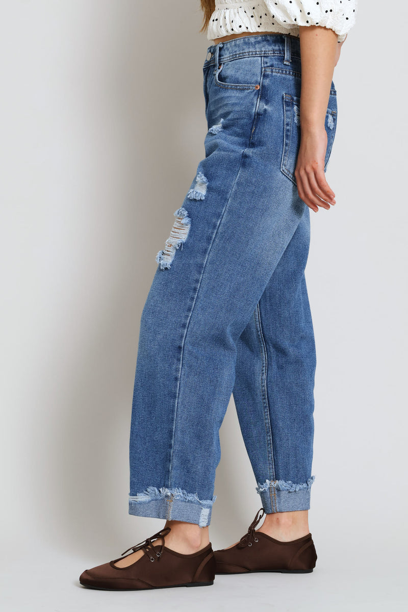 Ripped Knee Boyfriend Denim Jean - Mid Blue