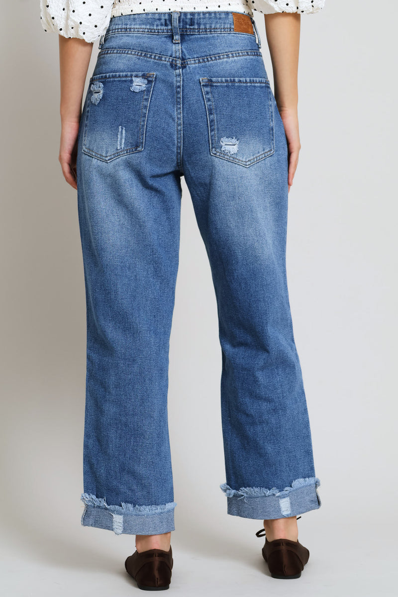 Ripped Knee Boyfriend Denim Jean - Mid Blue