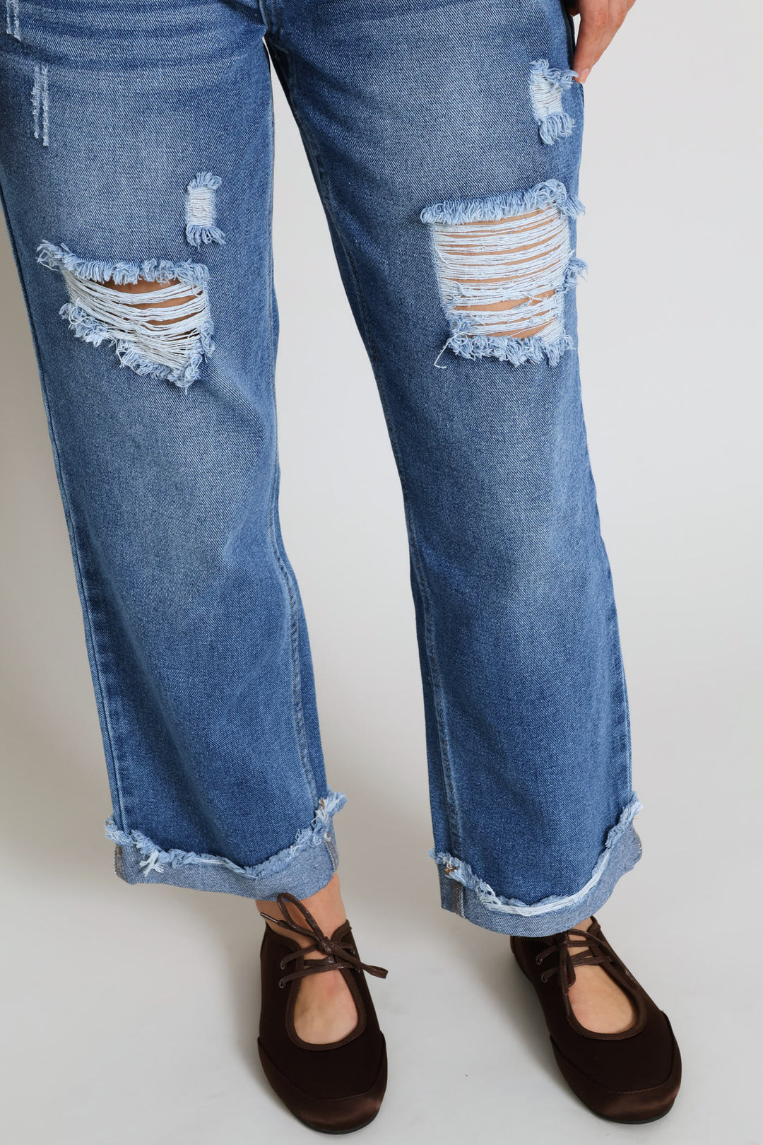 Ripped Knee Boyfriend Denim Jean - Mid Blue