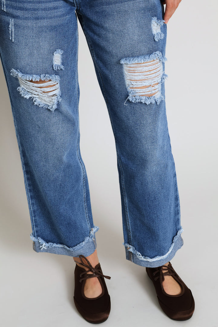Ripped Knee Boyfriend Denim Jean - Mid Blue