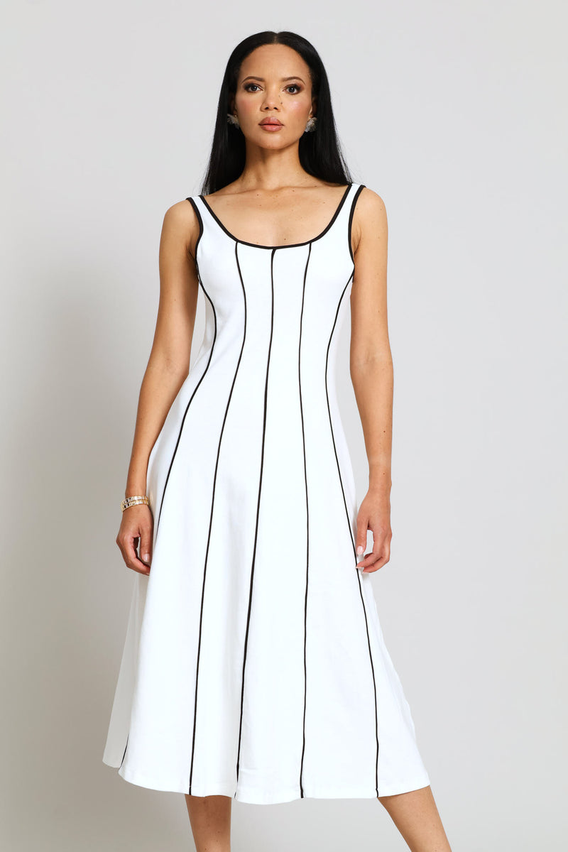 Panelled Fit & Flared Contrast Piping Knit Midi Dress - White/Black