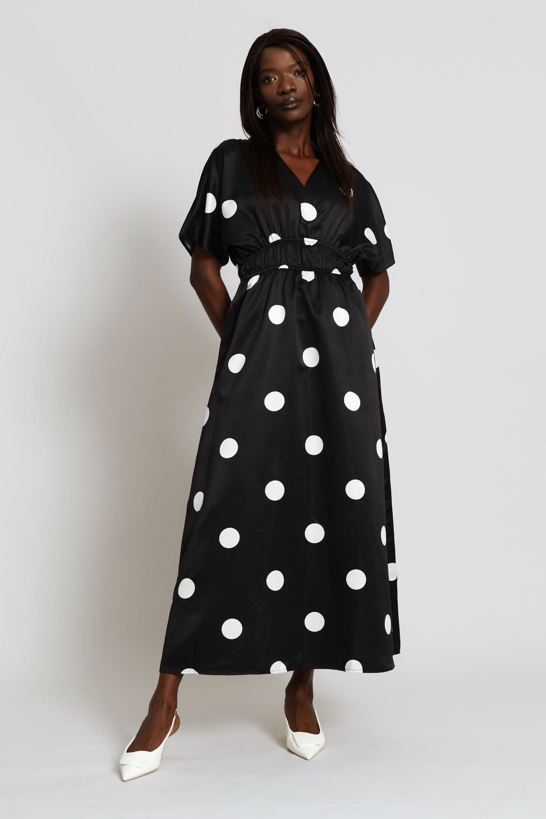 V-Neck Fit & Flare Printed Kaftan Maxi Dress - Black/Cream