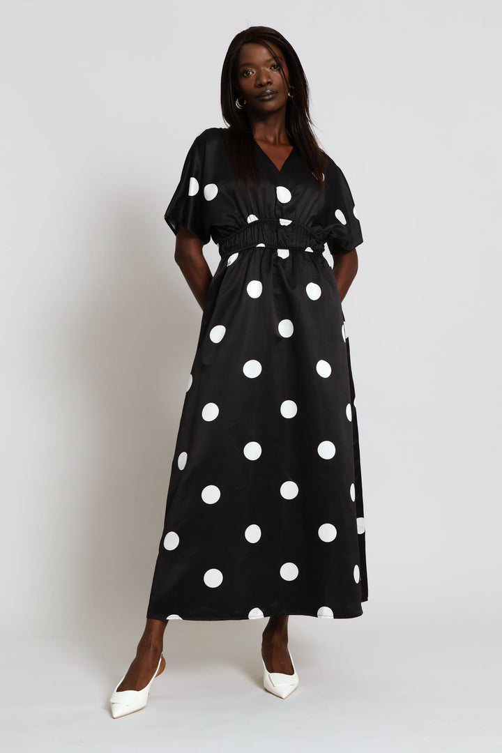 V-Neck Fit & Flare Printed Kaftan Maxi Dress - Black/Cream