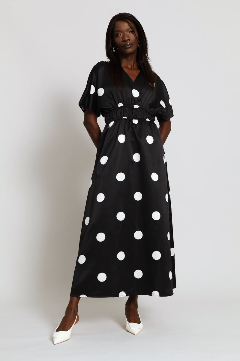 V-Neck Fit & Flare Printed Kaftan Maxi Dress - Black/Cream
