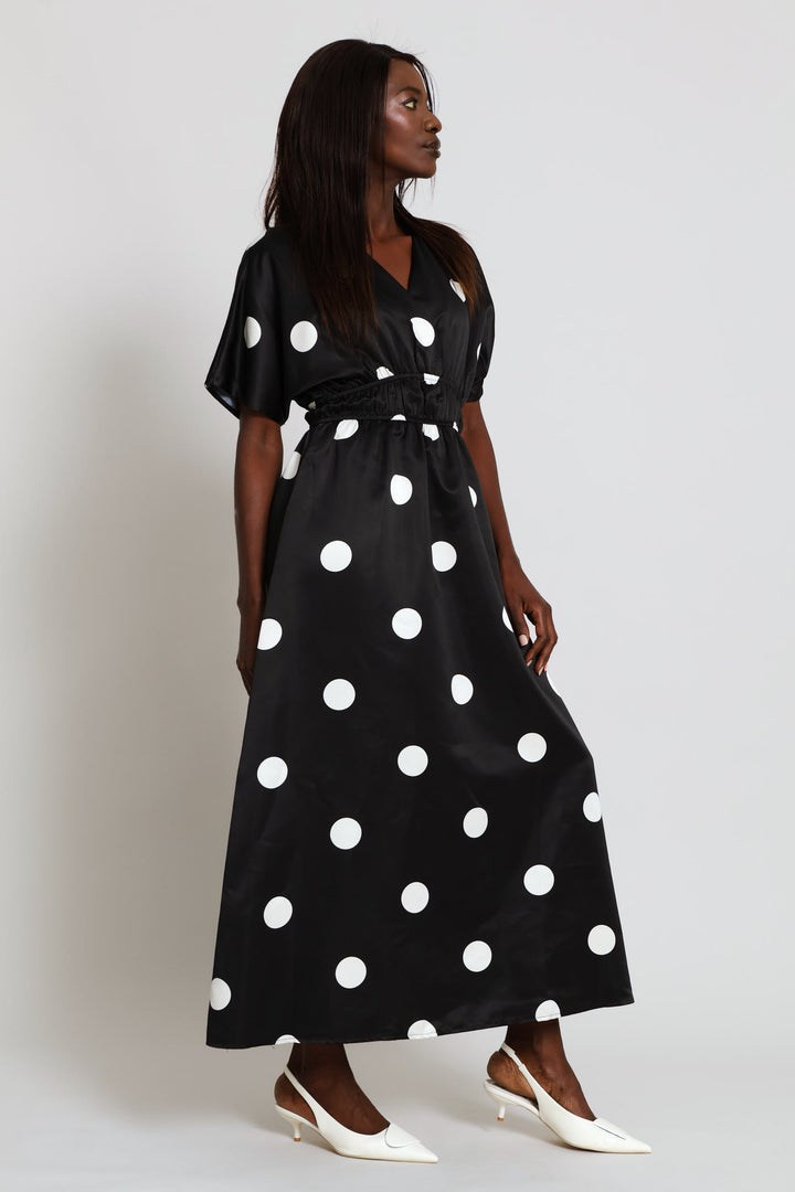 V-Neck Fit & Flare Printed Kaftan Maxi Dress - Black/Cream