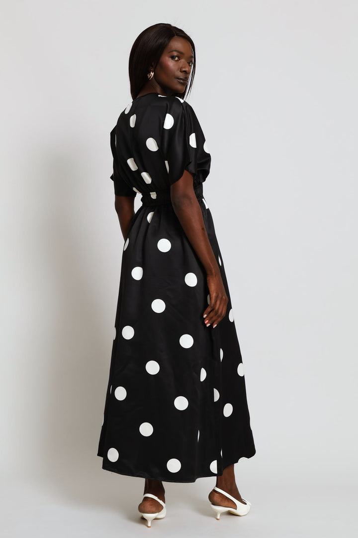 V-Neck Fit & Flare Printed Kaftan Maxi Dress - Black/Cream