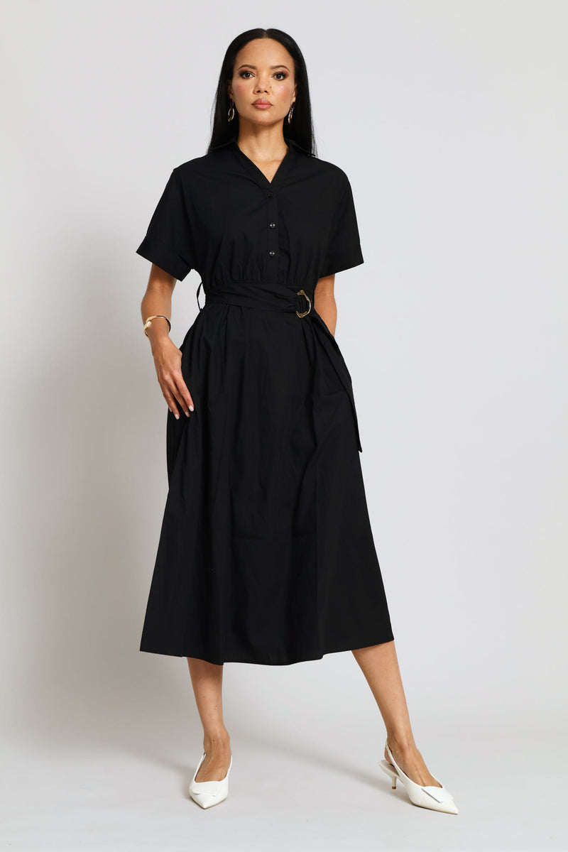 Half Placket D-Ring Belted Fit & Flare Midi Shirt Dress - Black