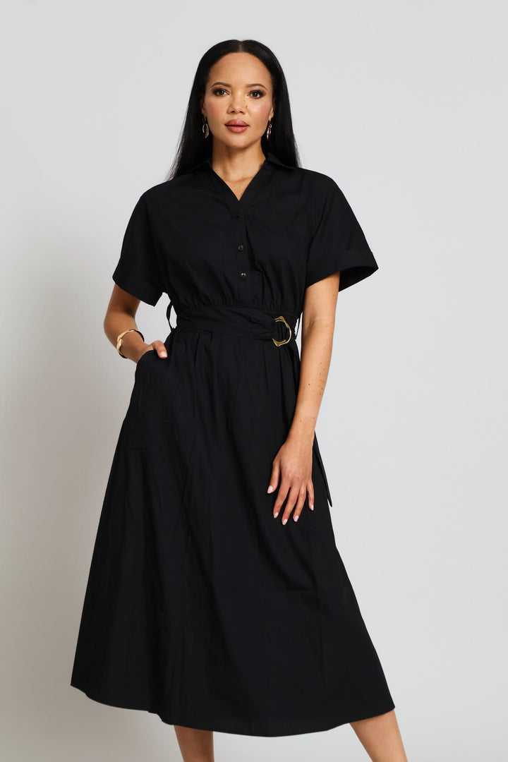 Half Placket D-Ring Belted Fit & Flare Midi Shirt Dress - Black