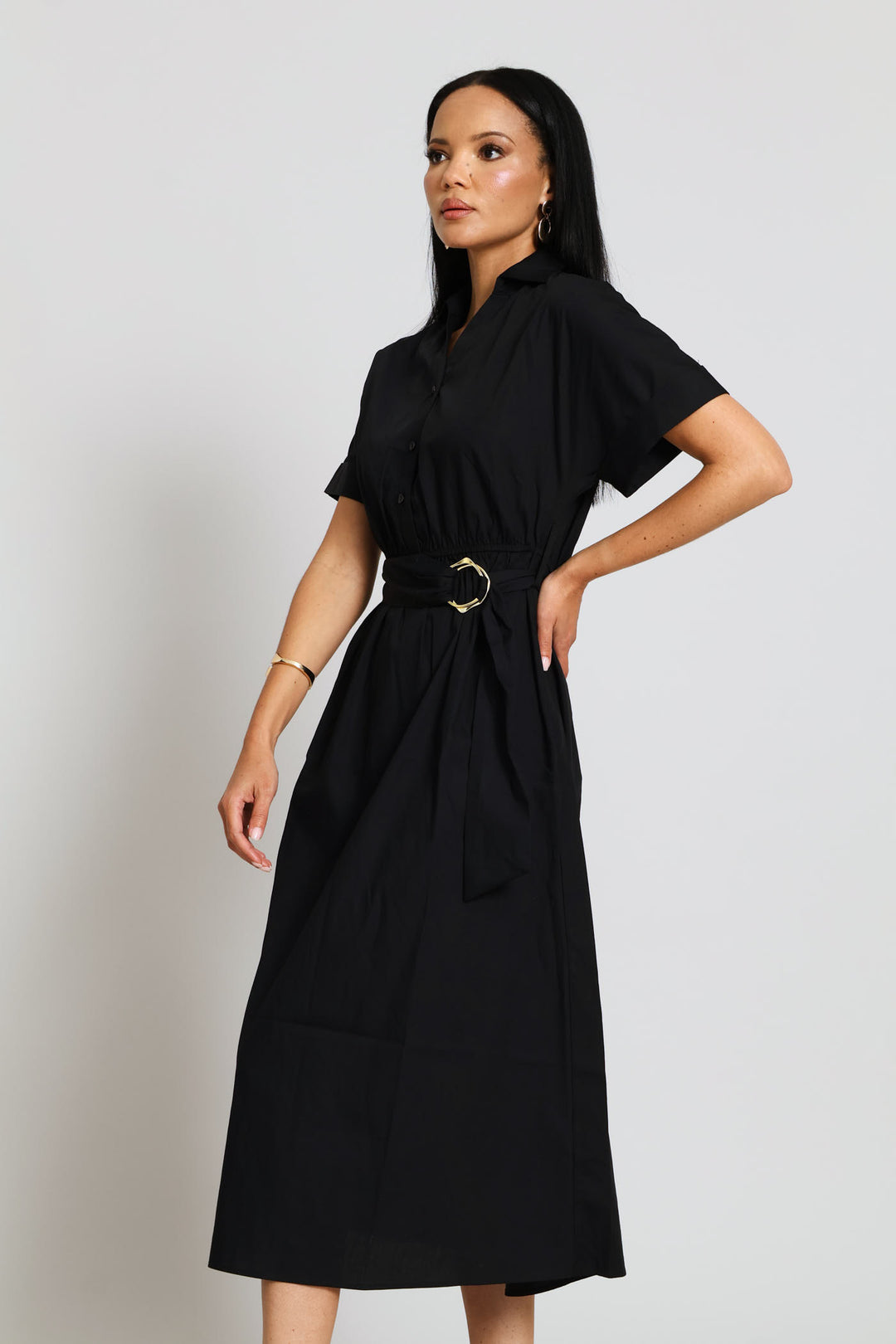 Half Placket D-Ring Belted Fit & Flare Midi Shirt Dress - Black