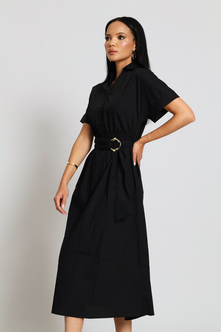Half Placket D-Ring Belted Fit & Flare Midi Shirt Dress - Black