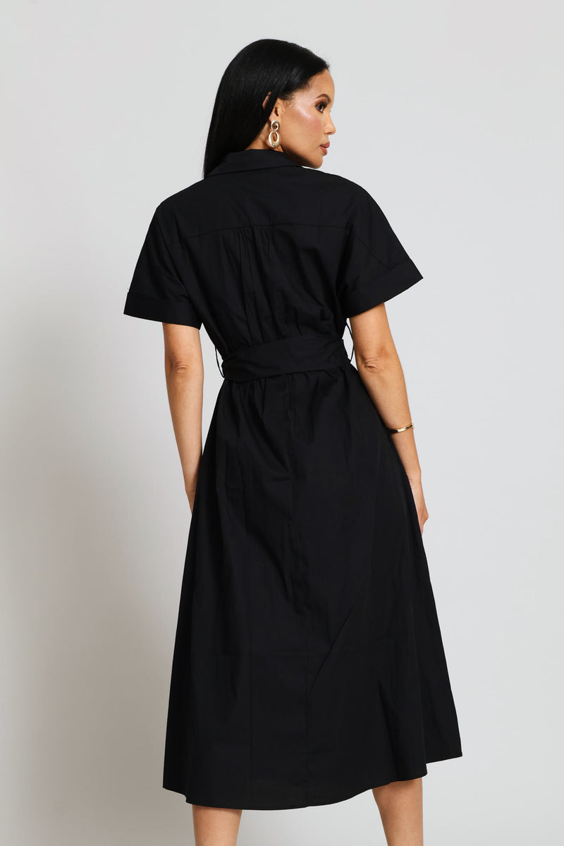 Half Placket D-Ring Belted Fit & Flare Midi Shirt Dress - Black