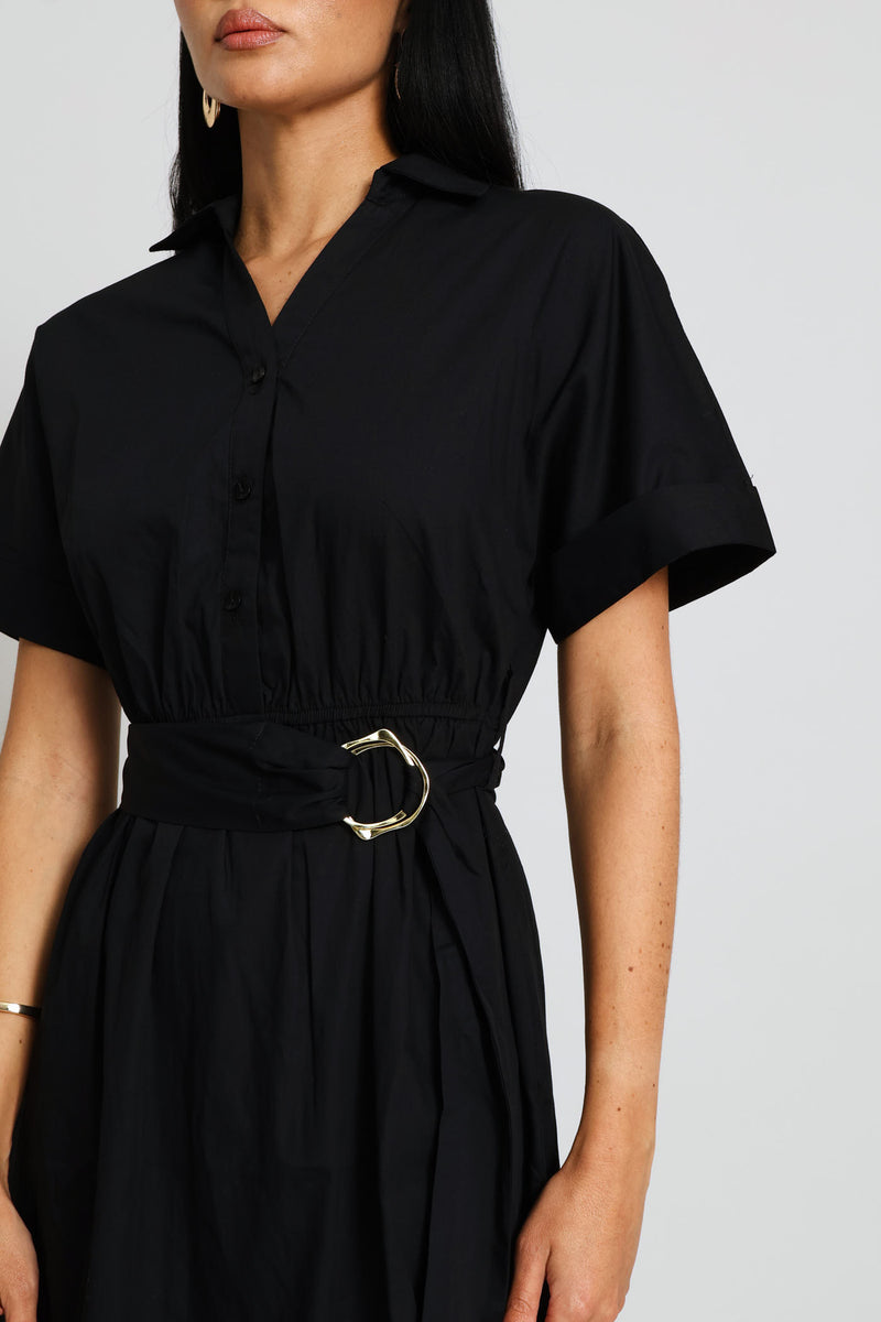 Half Placket D-Ring Belted Fit & Flare Midi Shirt Dress - Black