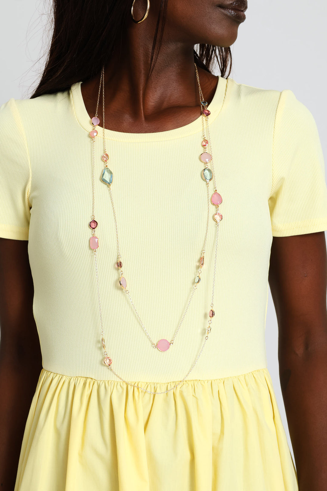 Pastel Stone Layered Long Necklace - Gold