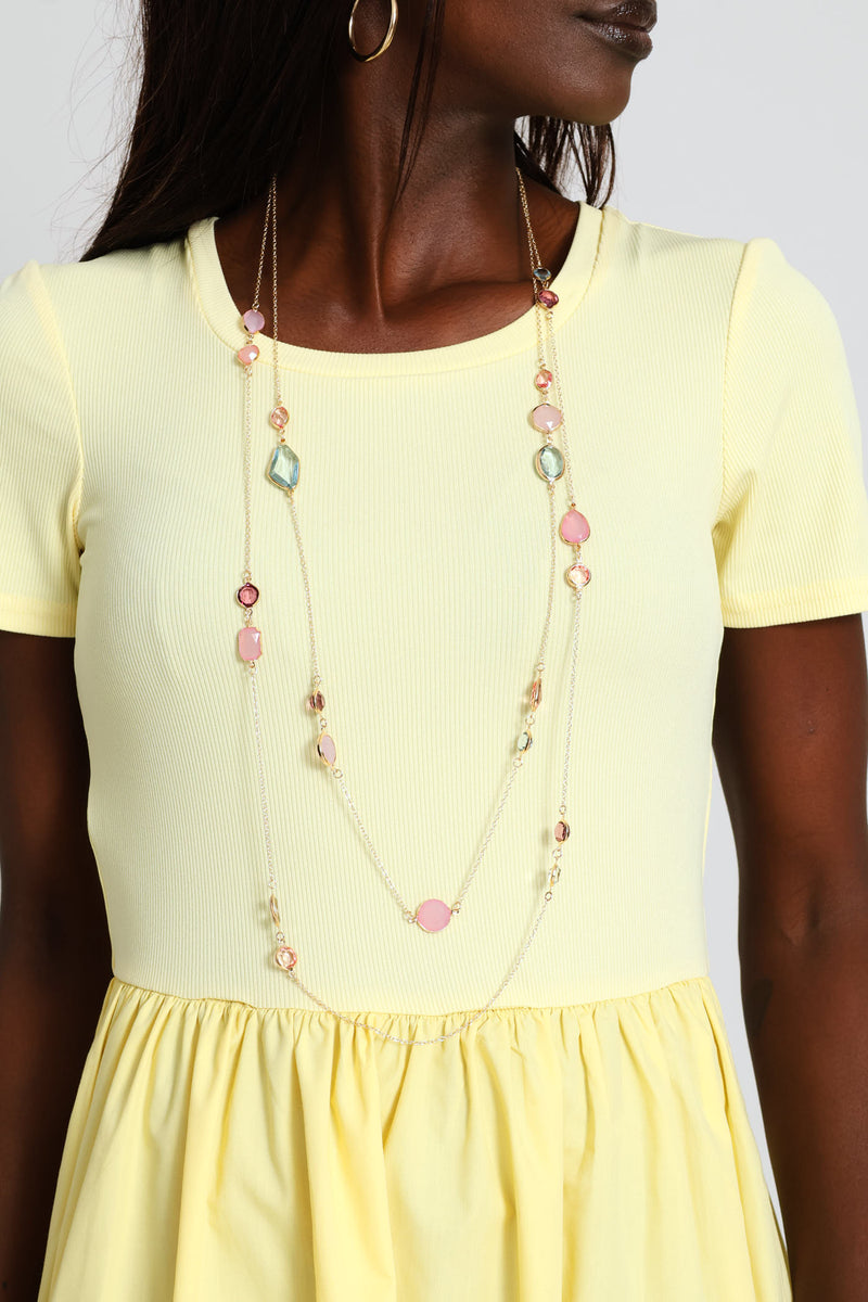 Pastel Stone Layered Long Necklace - Gold