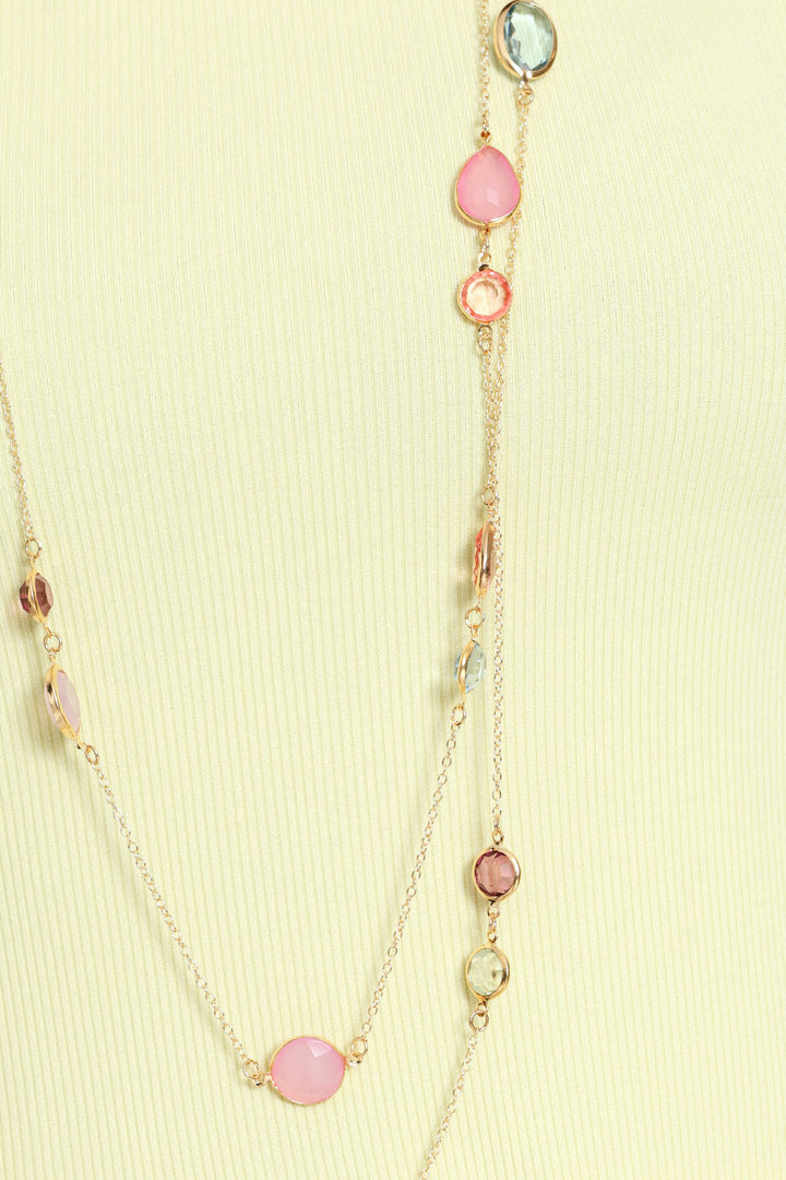 Pastel Stone Layered Long Necklace - Gold