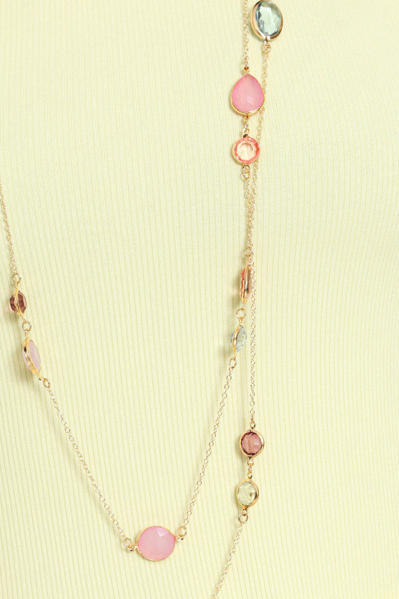 Pastel Stone Layered Long Necklace - Gold