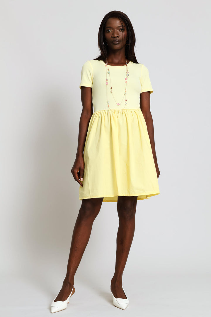 Rib Combo Babydoll Mini Dress - Light Yellow