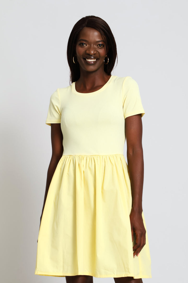 Rib Combo Babydoll Mini Dress - Light Yellow