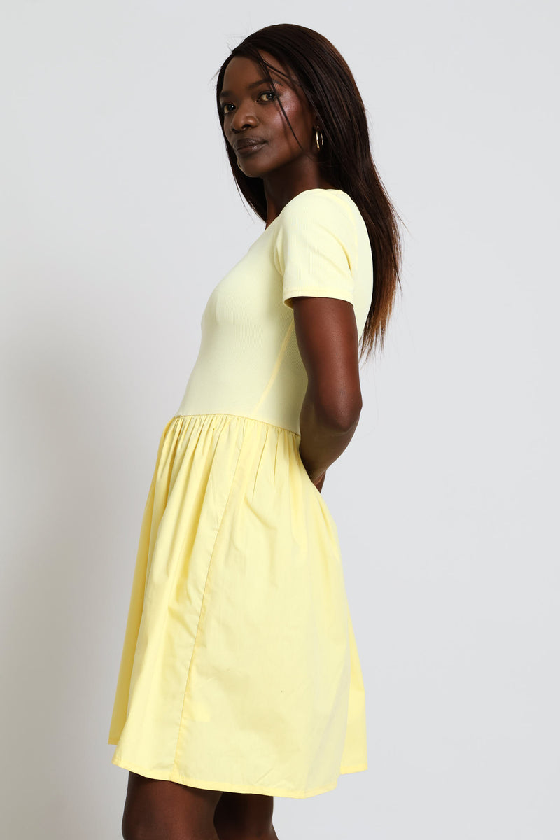 Rib Combo Babydoll Mini Dress - Light Yellow