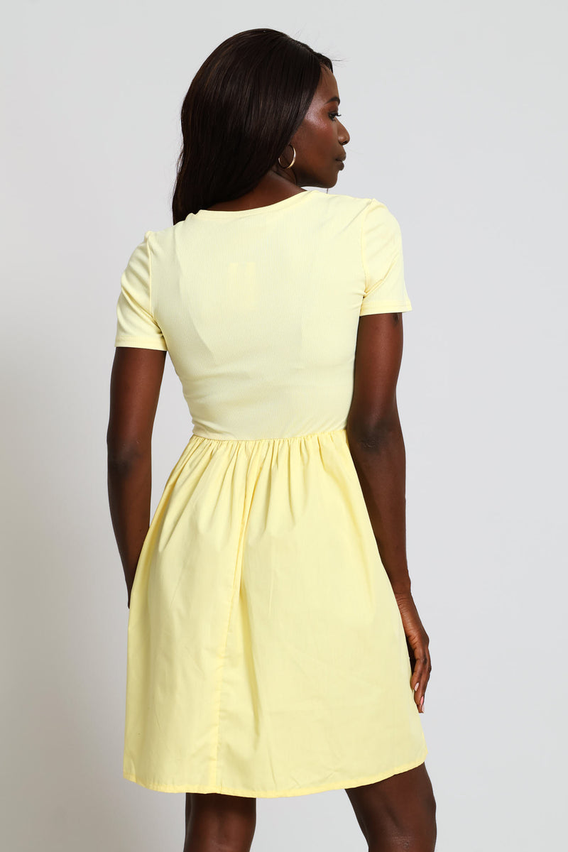Rib Combo Babydoll Mini Dress - Light Yellow