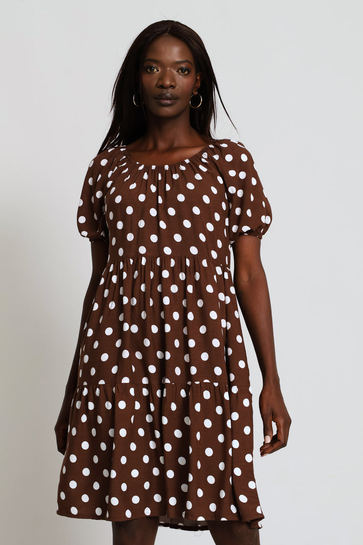 Print Tiered Gypsy Mini Dress - Chocolate/White