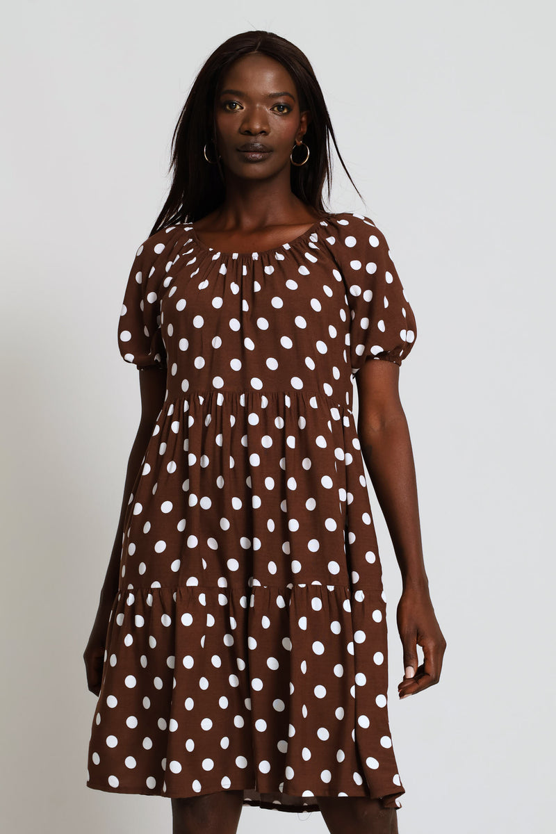 Print Tiered Gypsy Mini Dress - Chocolate/White