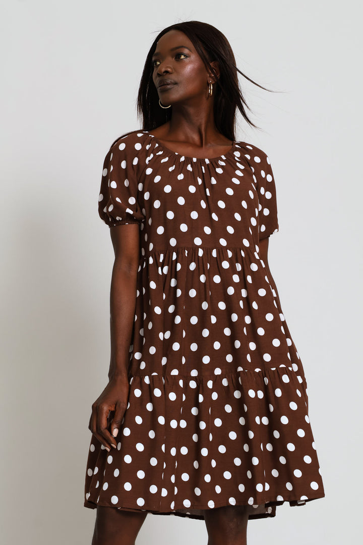 Print Tiered Gypsy Mini Dress - Chocolate/White
