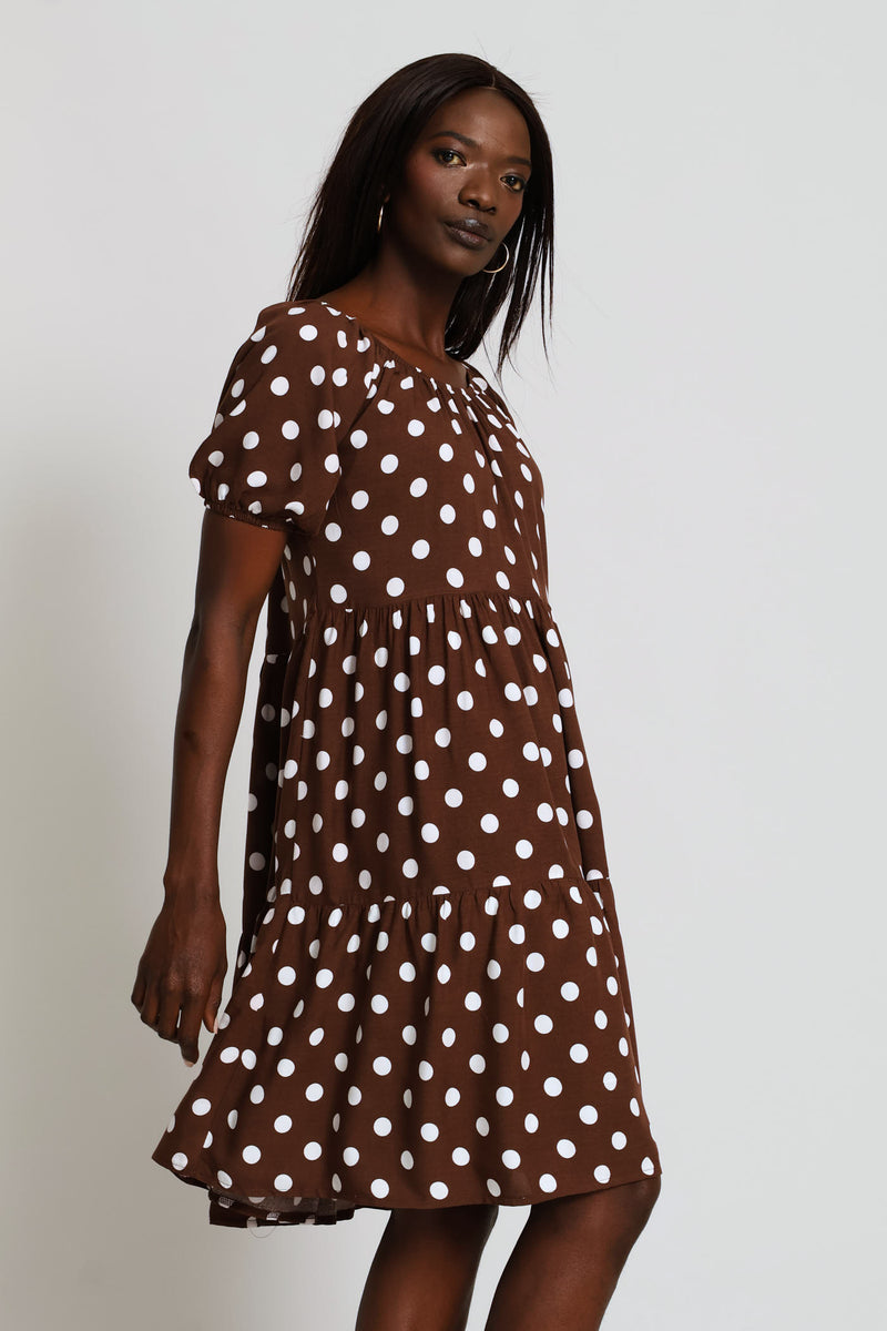 Print Tiered Gypsy Mini Dress - Chocolate/White