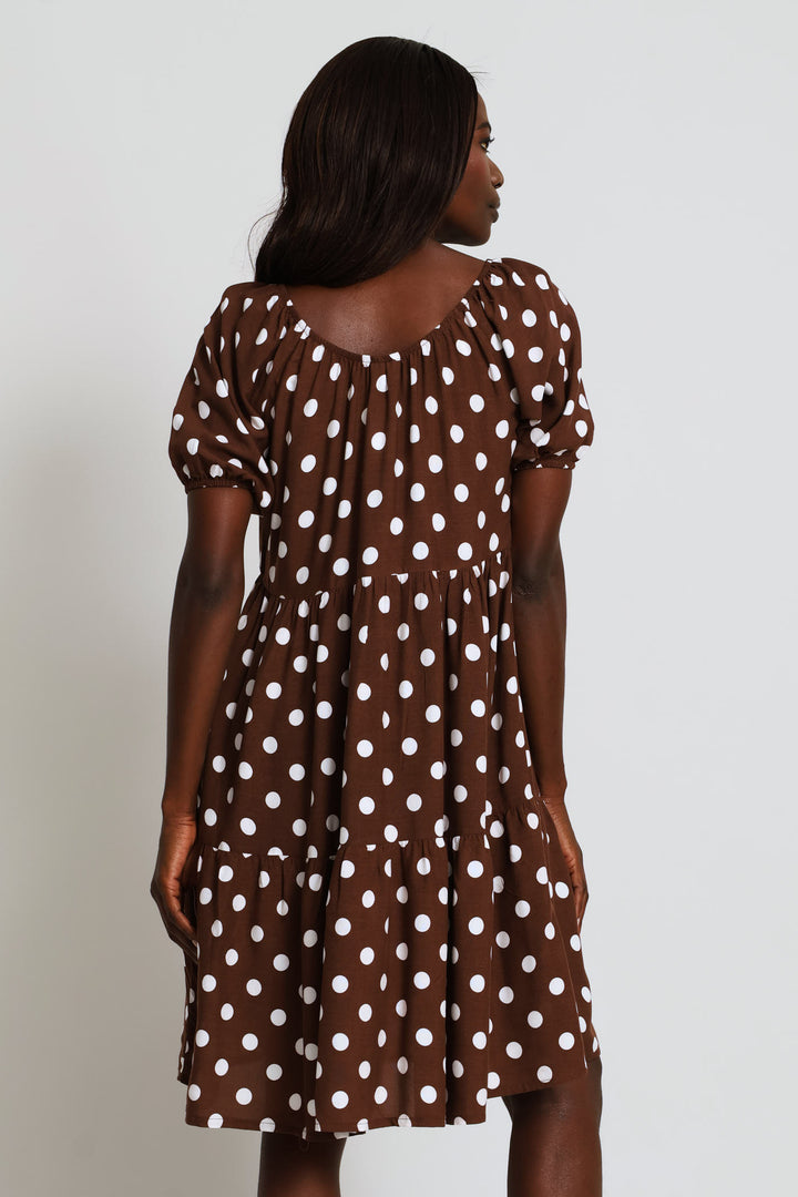 Print Tiered Gypsy Mini Dress - Chocolate/White