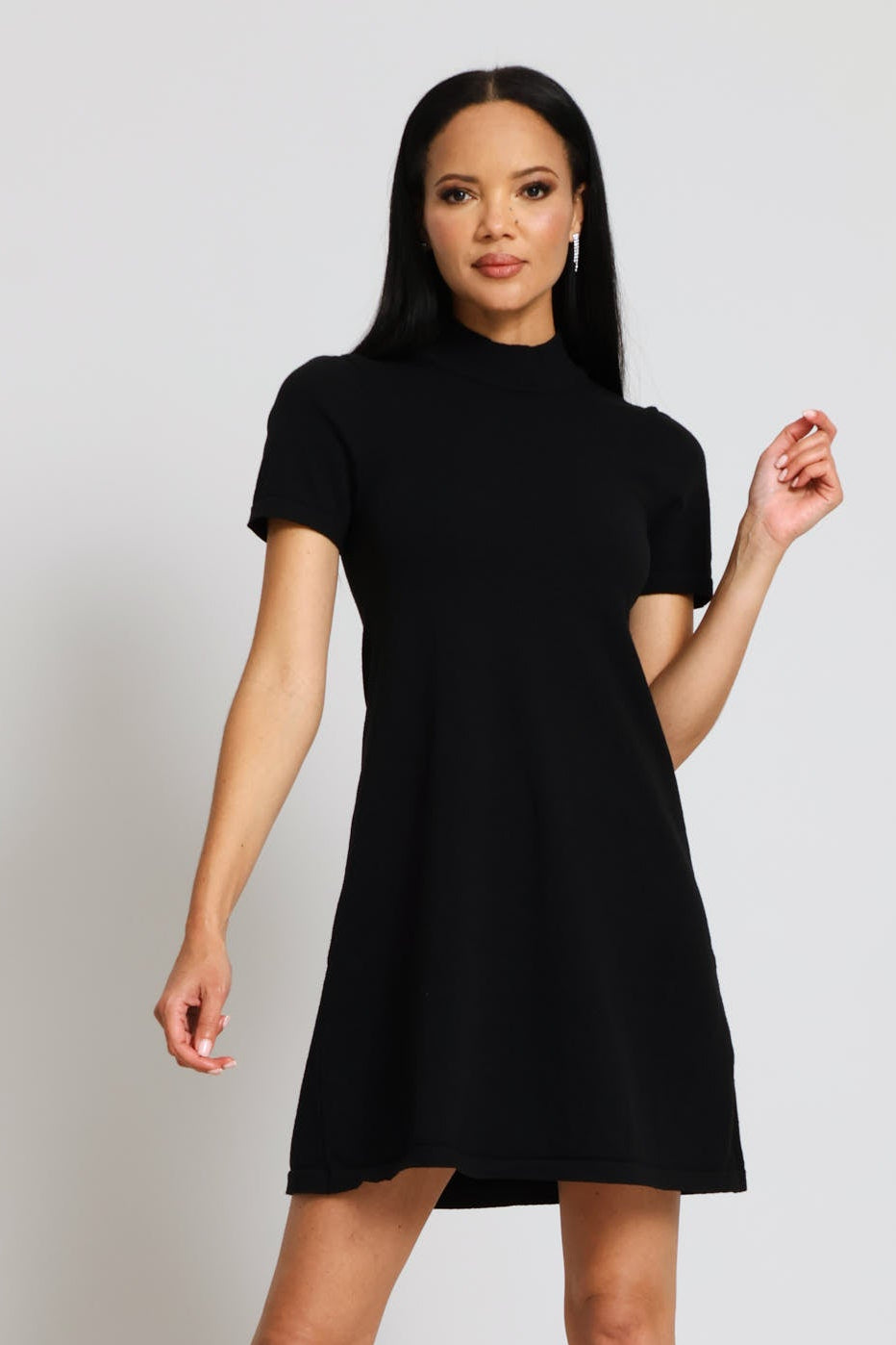 Turtleneck Knitwear A-Line Mini Dress - Black