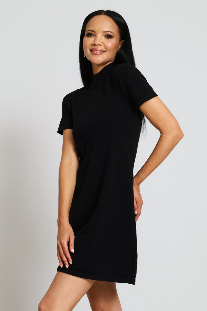 Turtleneck Knitwear A-Line Mini Dress - Black