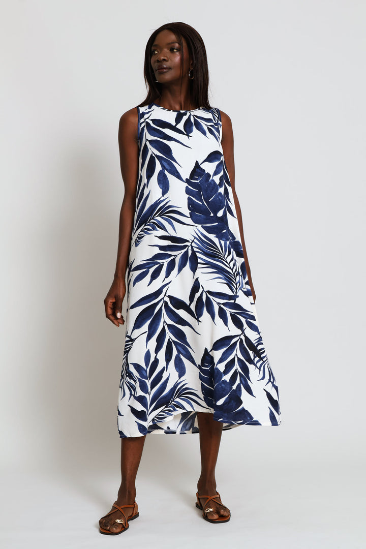 A-Line Printed Midi Dress - White/Navy