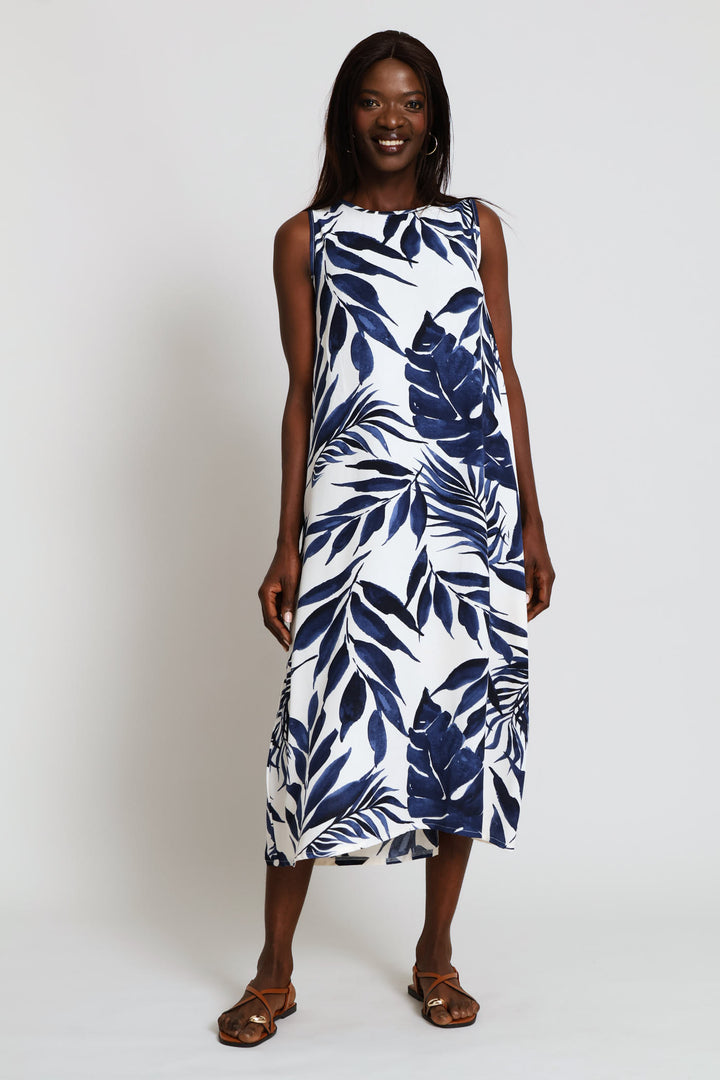 A-Line Printed Midi Dress - White/Navy