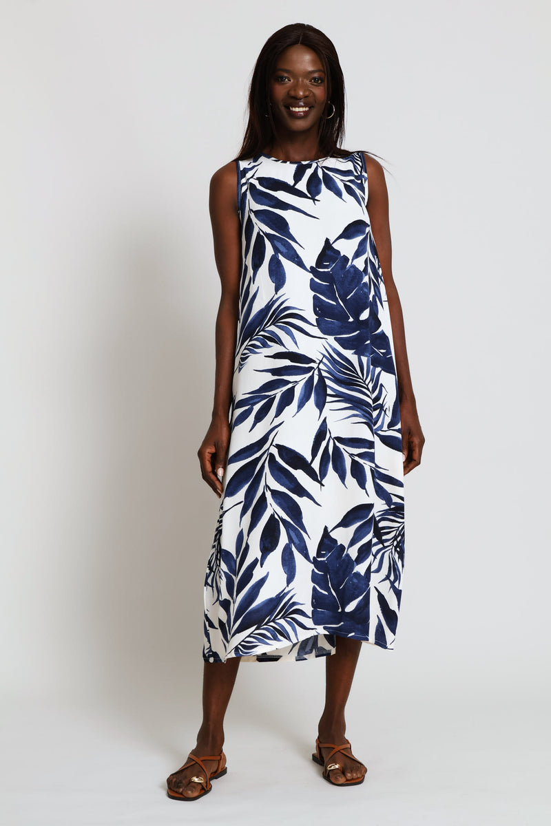 A-Line Printed Midi Dress - White/Navy