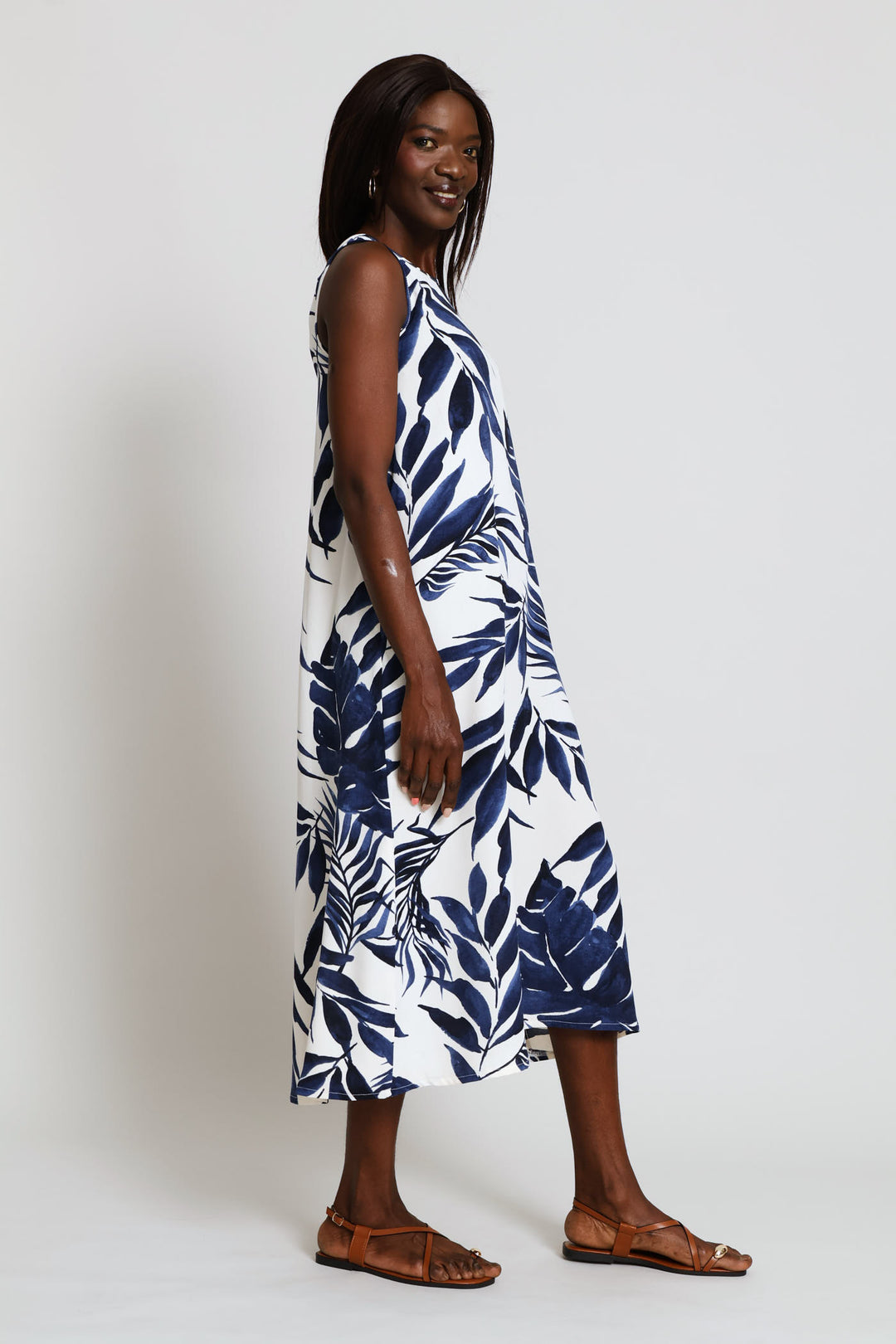 A-Line Printed Midi Dress - White/Navy