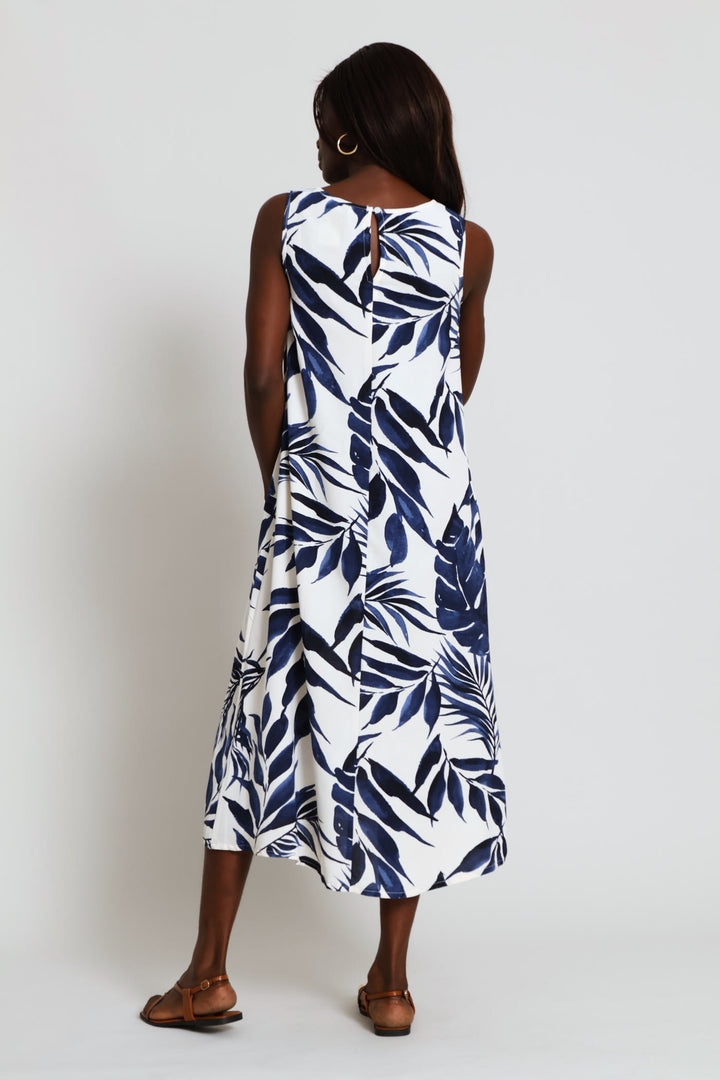 A-Line Printed Midi Dress - White/Navy
